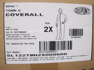 LOT TO INCLUDE: (7 CASES) COVERALLS, X-LARGE SIZE, TYCHEM SL MATERIAL, WHITE COLOR. COVERALL, COLLAR, ELASTIC WRISTS, ELASTIC ANKLES, FRONT ZIPPER CLOSURE, STORM FLAP OVER ZIPPER 12/CASE, (36) "COVERALL, XXL SIZE, HAZARDOUS MATERIAL/CHEMICAL PROTECTION KIND, SARANEX-LAMINATED TYVEK WITH NSR SEALED SEAMS MATERIAL, WHITE COLOR. ZIPPERED FRONT, ATTACHED HOOD AND BOOTS, AND ELASTIC WRISTS, NOT INCINERABLE, (100) COVERALL, LARGE SIZE, DISPOSABLE KIND, POLYPROPYLENE MATERIAL, BLUE COLOR. ZIPPER FRONT WITH OPEN SLEEVES AND ANKLES. 25 PER CASE. . LOADING & HANDLING FEE $15-4217